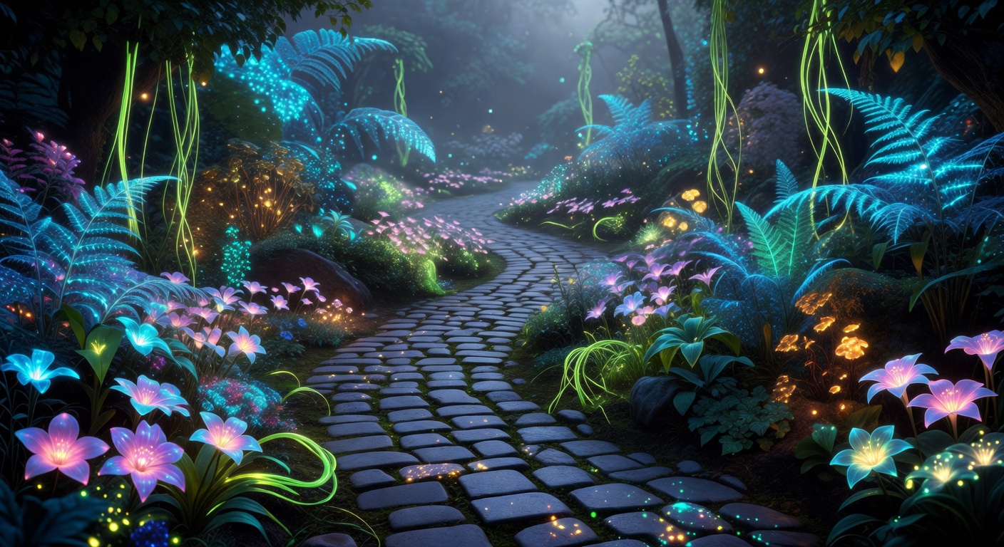 Enchanted garden path with glowing plants